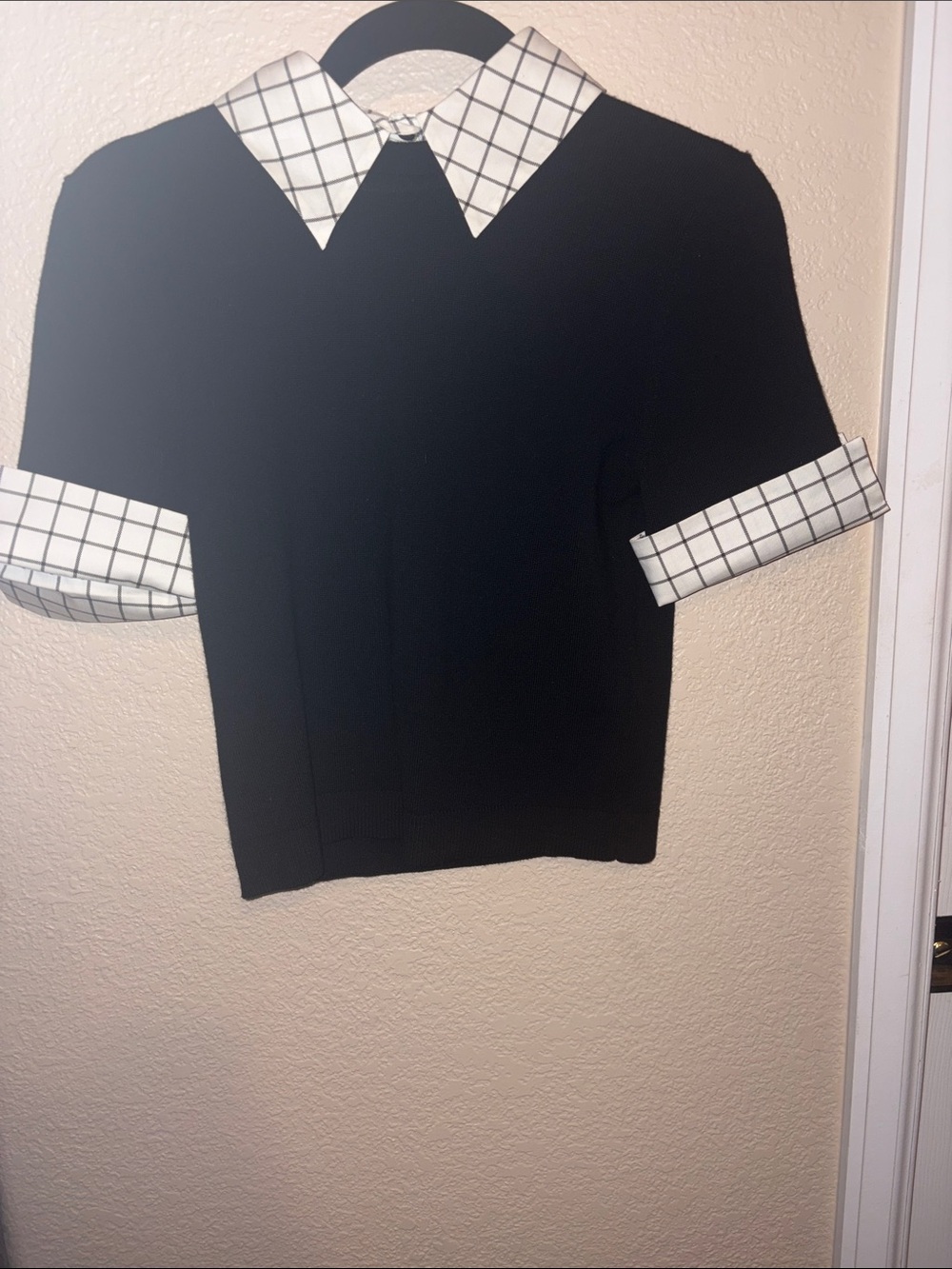 Alice + Olivia Black Top with removable White Grid Collar
